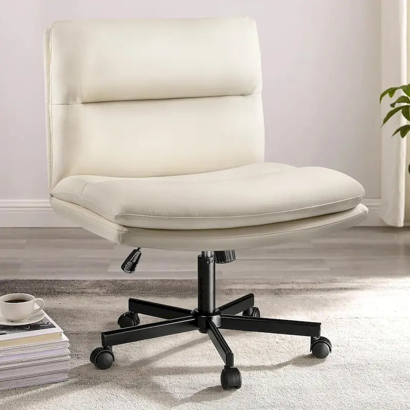 Criss Cross Chair with Wheels,PU Leather Armless Cross Legged Office chair, Adjustable Wide Seat Task Vanity Chair