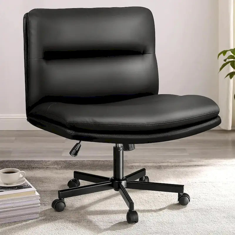 Criss Cross Chair with Wheels,PU Leather Armless Cross Legged Office chair, Adjustable Wide Seat Task Vanity Chair