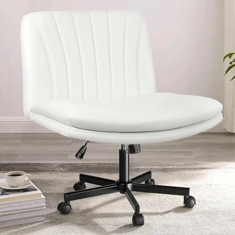 Criss Cross Chair with Wheels,PU Leather Armless Cross Legged Office chair, Adjustable Wide Seat Task Vanity Chair