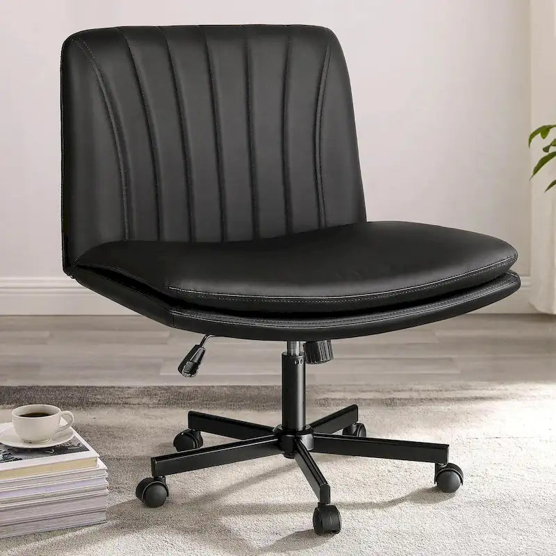 Criss Cross Chair with Wheels,PU Leather Armless Cross Legged Office chair, Adjustable Wide Seat Task Vanity Chair