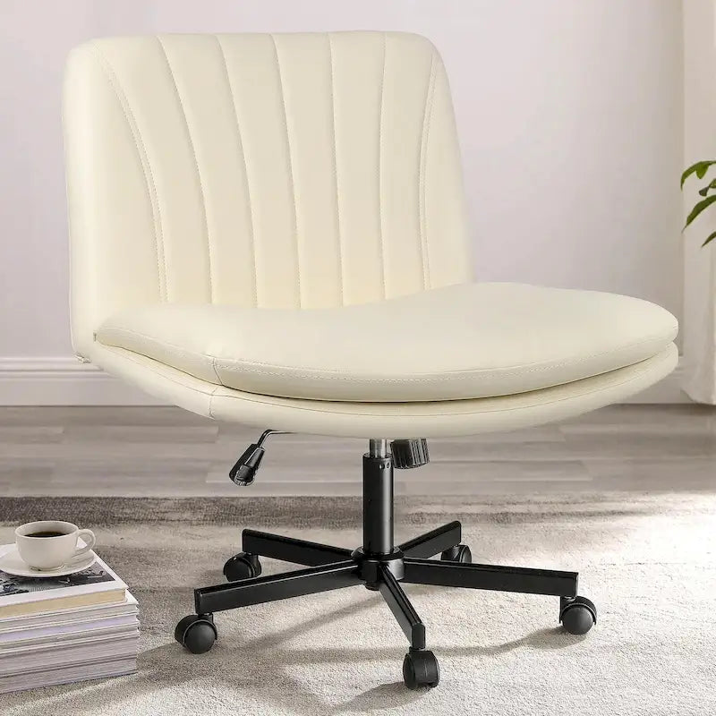 Criss Cross Chair with Wheels,PU Leather Armless Cross Legged Office chair, Adjustable Wide Seat Task Vanity Chair