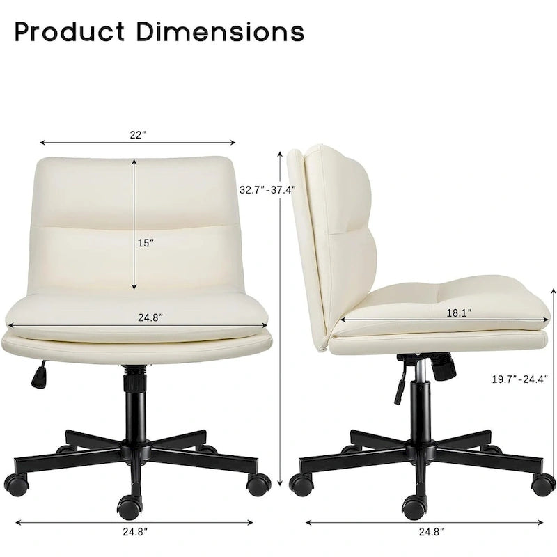 Criss Cross Chair with Wheels,PU Leather Armless Cross Legged Office chair, Adjustable Wide Seat Task Vanity Chair