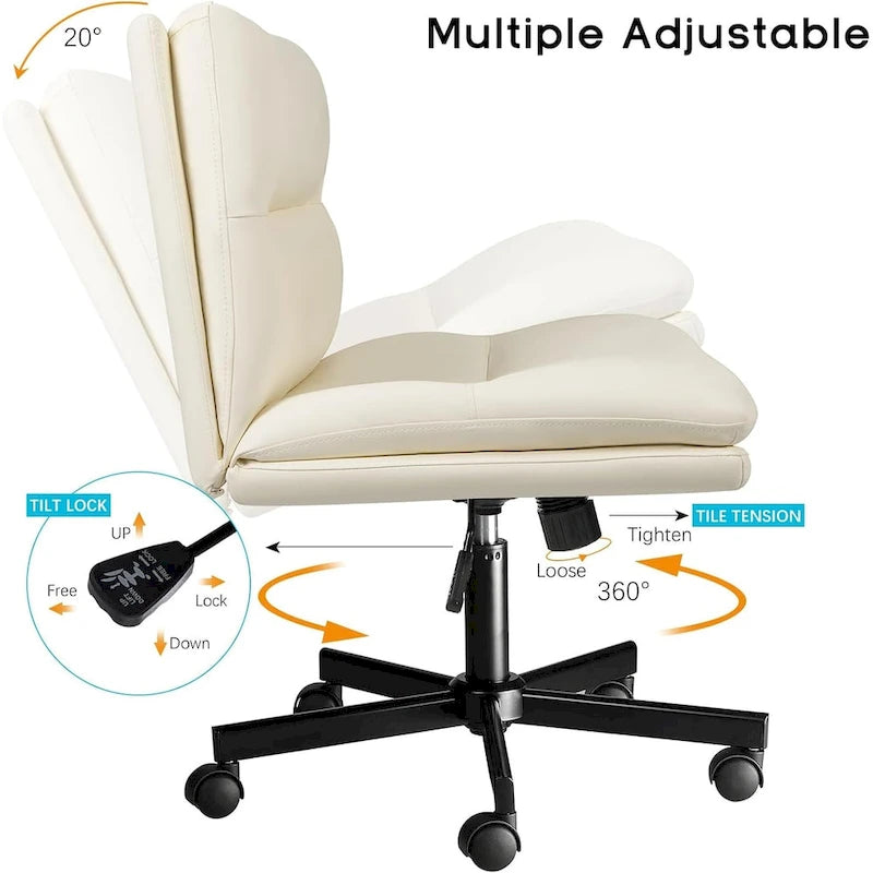 Criss Cross Chair with Wheels,PU Leather Armless Cross Legged Office chair, Adjustable Wide Seat Task Vanity Chair