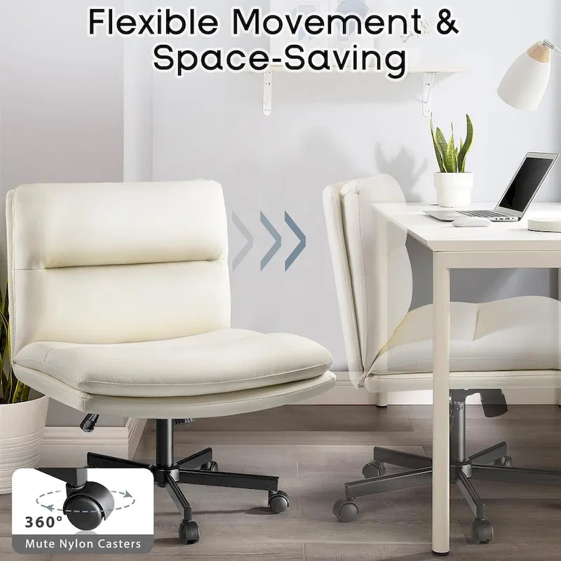 Criss Cross Chair with Wheels,PU Leather Armless Cross Legged Office chair, Adjustable Wide Seat Task Vanity Chair