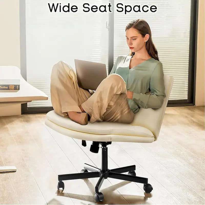 Criss Cross Chair with Wheels,PU Leather Armless Cross Legged Office chair, Adjustable Wide Seat Task Vanity Chair