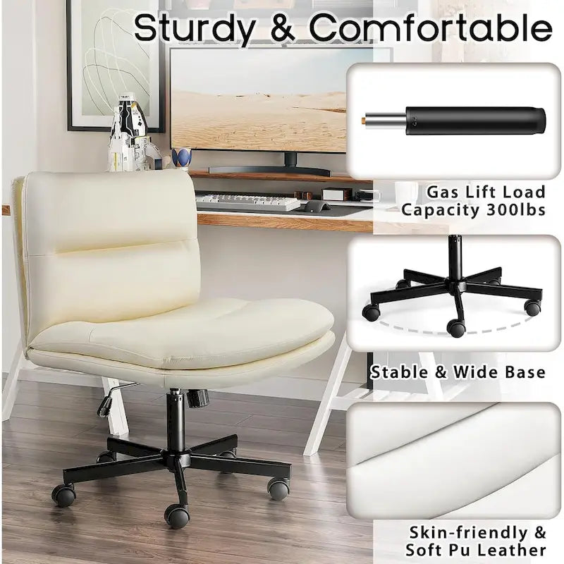Criss Cross Chair with Wheels,PU Leather Armless Cross Legged Office chair, Adjustable Wide Seat Task Vanity Chair