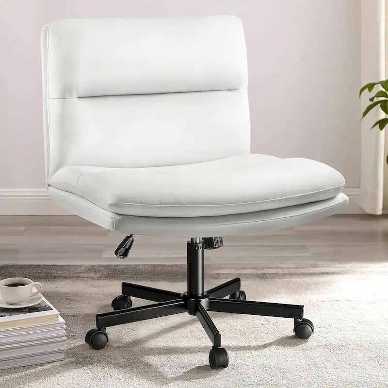 Criss Cross Chair with Wheels,PU Leather Armless Cross Legged Office chair, Adjustable Wide Seat Task Vanity Chair