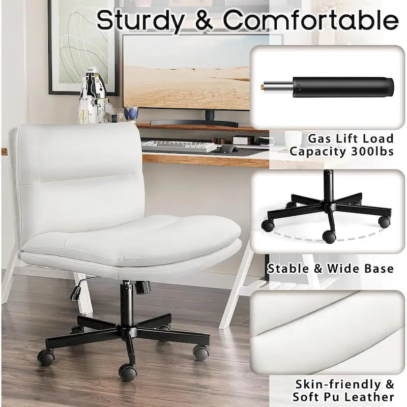 Criss Cross Chair with Wheels,PU Leather Armless Cross Legged Office chair, Adjustable Wide Seat Task Vanity Chair