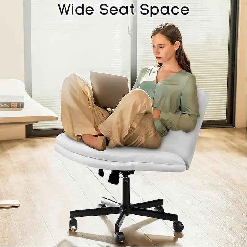 Criss Cross Chair with Wheels,PU Leather Armless Cross Legged Office chair, Adjustable Wide Seat Task Vanity Chair