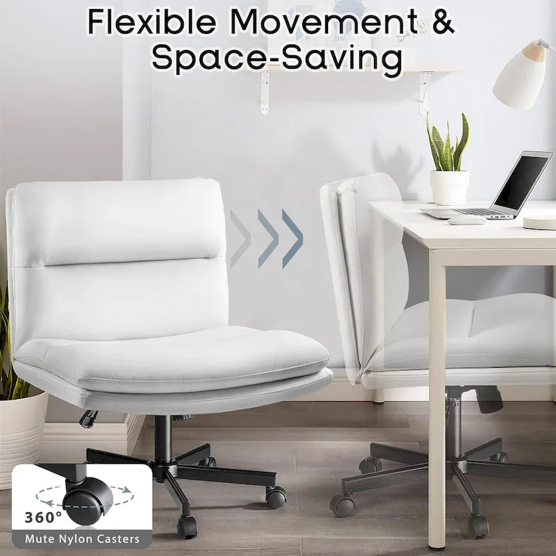 Criss Cross Chair with Wheels,PU Leather Armless Cross Legged Office chair, Adjustable Wide Seat Task Vanity Chair