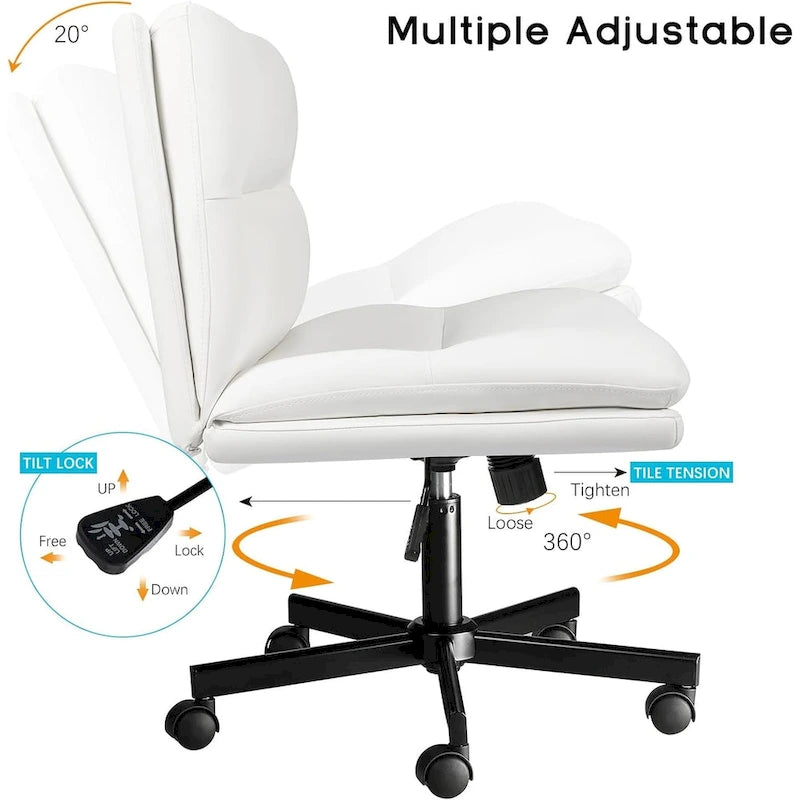 Criss Cross Chair with Wheels,PU Leather Armless Cross Legged Office chair, Adjustable Wide Seat Task Vanity Chair