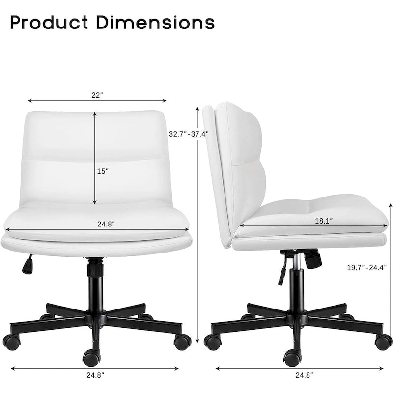 Criss Cross Chair with Wheels,PU Leather Armless Cross Legged Office chair, Adjustable Wide Seat Task Vanity Chair