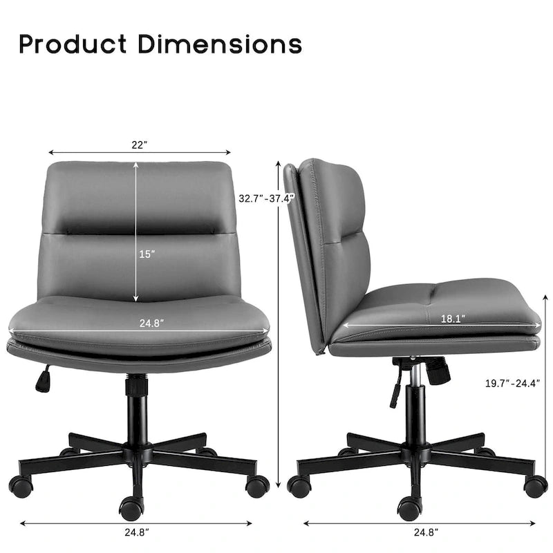 Criss Cross Chair with Wheels,PU Leather Armless Cross Legged Office chair, Adjustable Wide Seat Task Vanity Chair