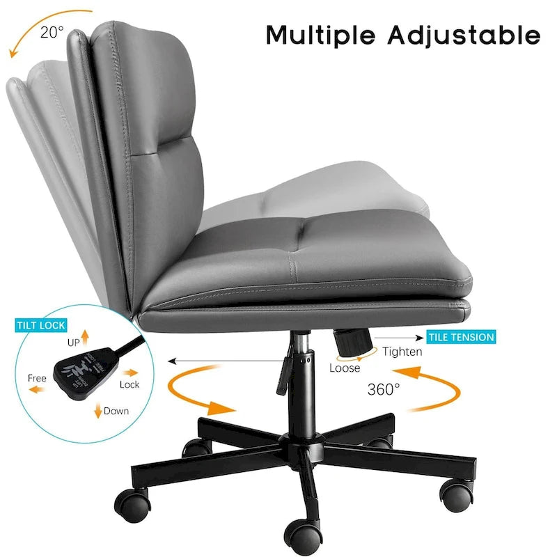 Criss Cross Chair with Wheels,PU Leather Armless Cross Legged Office chair, Adjustable Wide Seat Task Vanity Chair