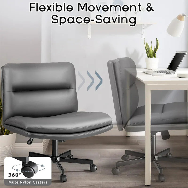 Criss Cross Chair with Wheels,PU Leather Armless Cross Legged Office chair, Adjustable Wide Seat Task Vanity Chair
