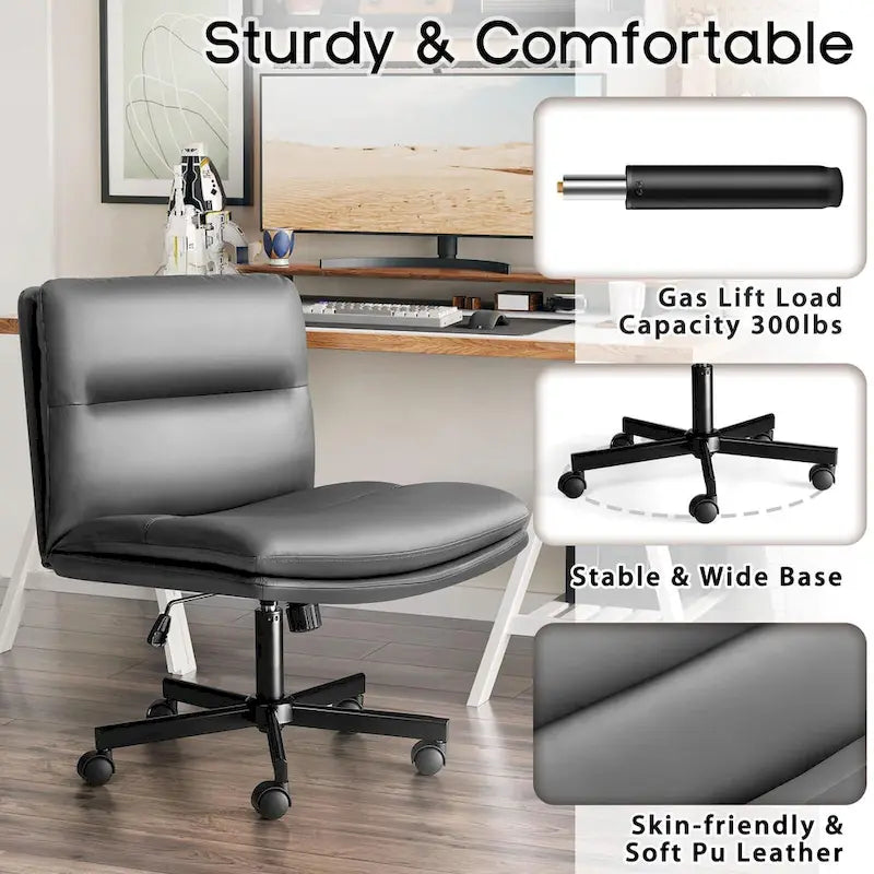 Criss Cross Chair with Wheels,PU Leather Armless Cross Legged Office chair, Adjustable Wide Seat Task Vanity Chair