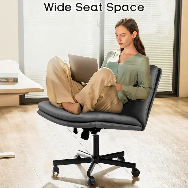 Criss Cross Chair with Wheels,PU Leather Armless Cross Legged Office chair, Adjustable Wide Seat Task Vanity Chair