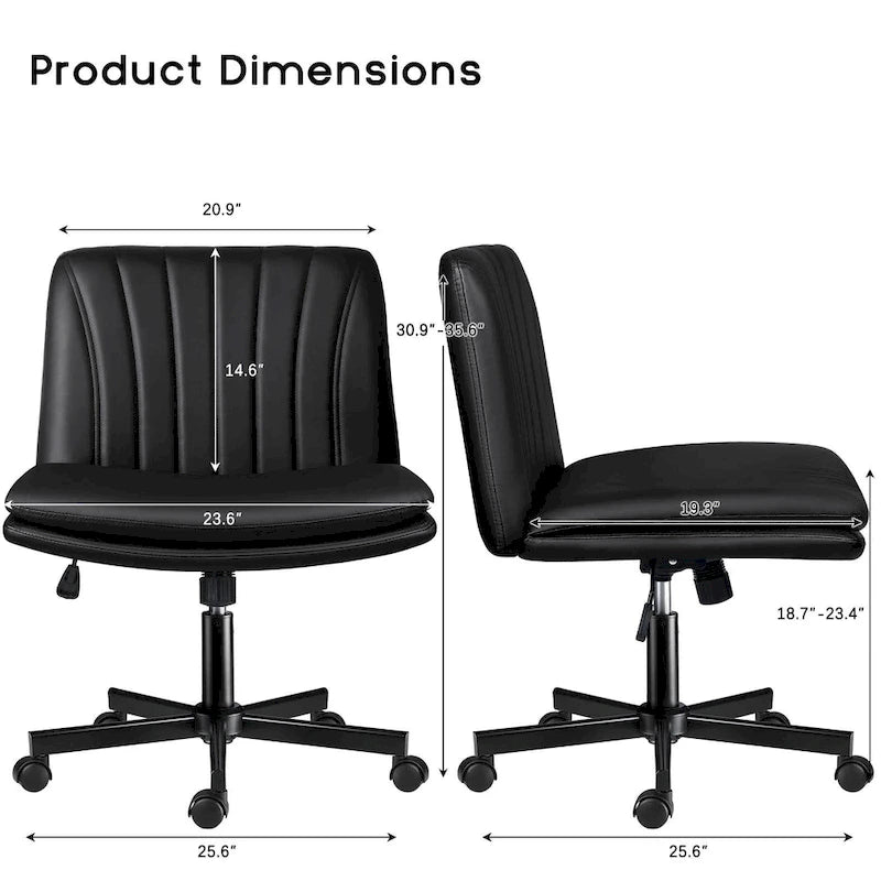 Criss Cross Chair with Wheels,PU Leather Armless Cross Legged Office chair, Adjustable Wide Seat Task Vanity Chair