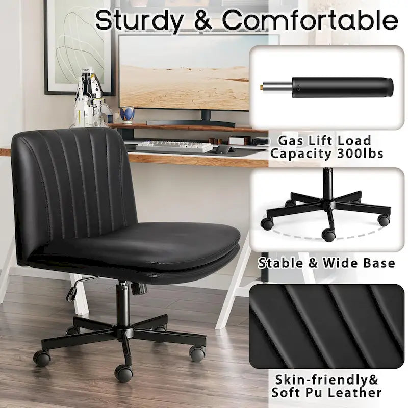 Criss Cross Chair with Wheels,PU Leather Armless Cross Legged Office chair, Adjustable Wide Seat Task Vanity Chair