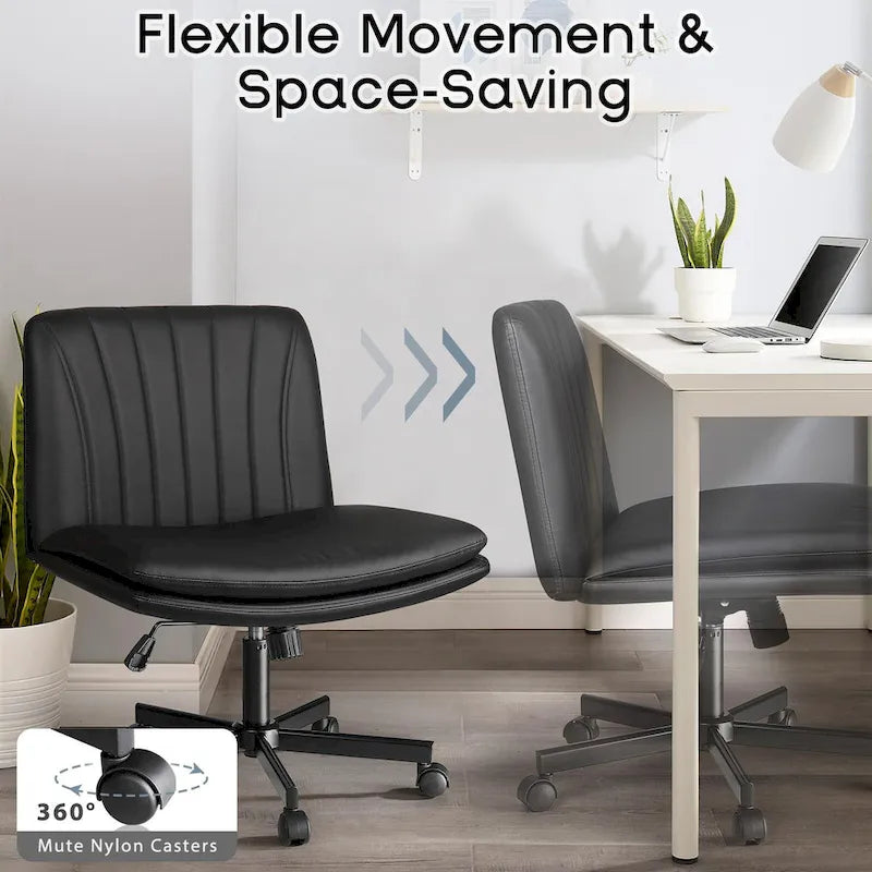 Criss Cross Chair with Wheels,PU Leather Armless Cross Legged Office chair, Adjustable Wide Seat Task Vanity Chair