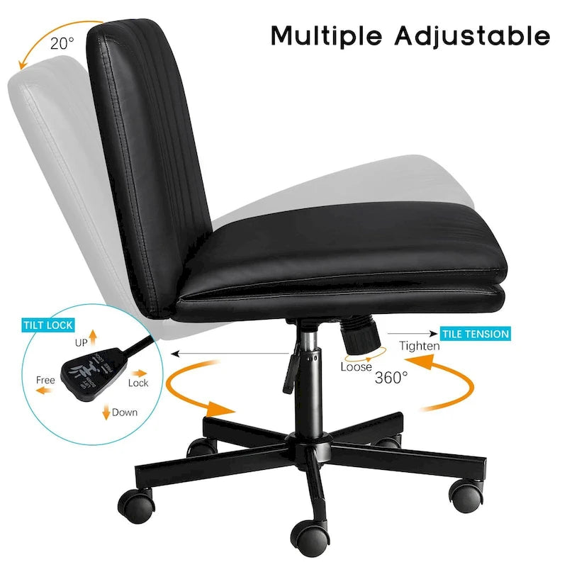 Criss Cross Chair with Wheels,PU Leather Armless Cross Legged Office chair, Adjustable Wide Seat Task Vanity Chair