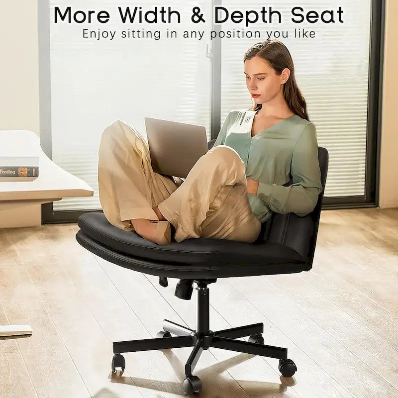 Criss Cross Chair with Wheels,PU Leather Armless Cross Legged Office chair, Adjustable Wide Seat Task Vanity Chair