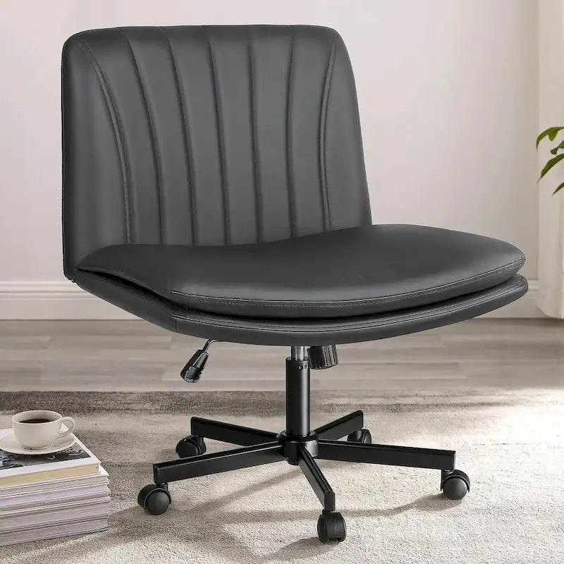 Criss Cross Chair with Wheels,PU Leather Armless Cross Legged Office chair, Adjustable Wide Seat Task Vanity Chair