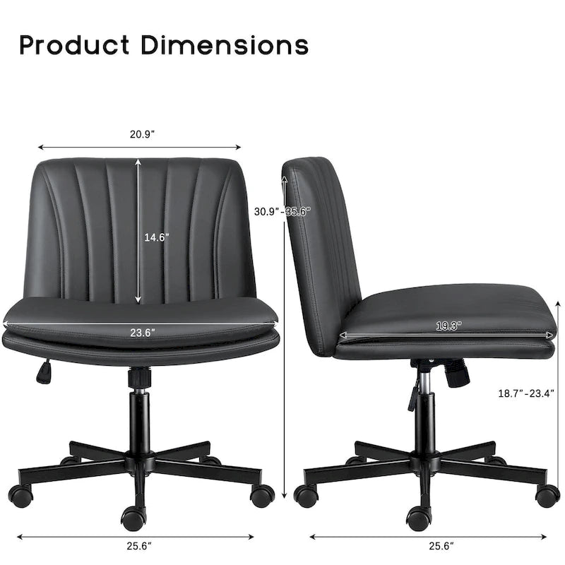 Criss Cross Chair with Wheels,PU Leather Armless Cross Legged Office chair, Adjustable Wide Seat Task Vanity Chair