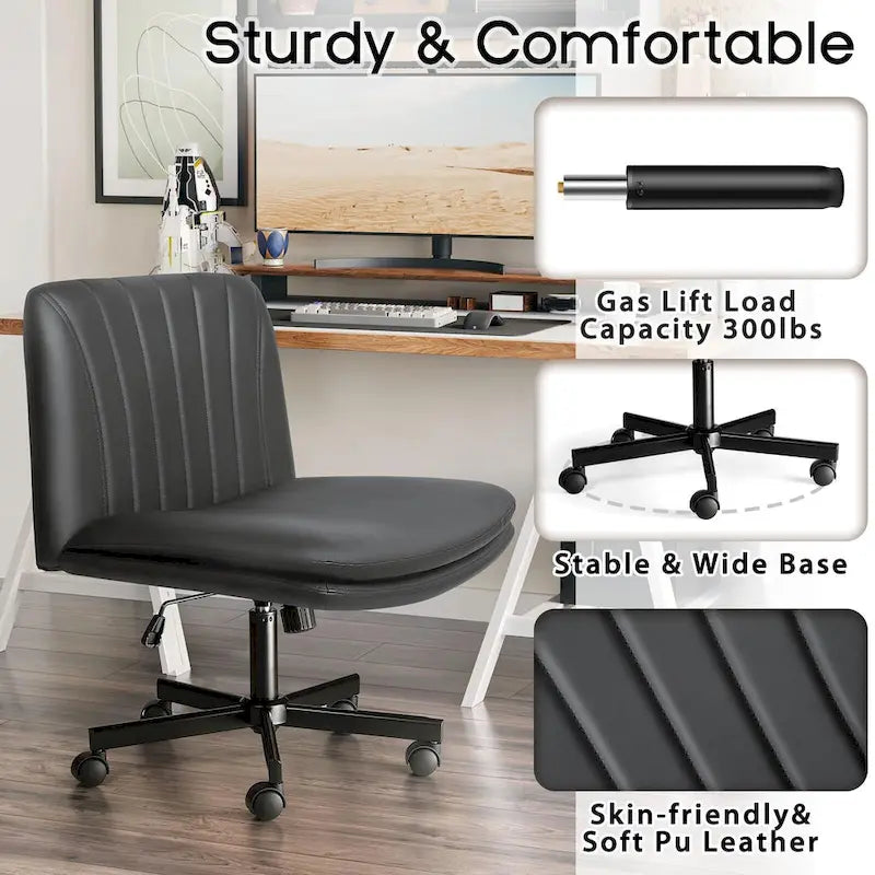 Criss Cross Chair with Wheels,PU Leather Armless Cross Legged Office chair, Adjustable Wide Seat Task Vanity Chair