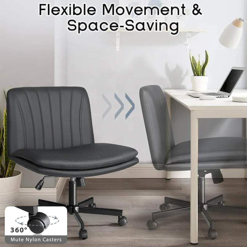 Criss Cross Chair with Wheels,PU Leather Armless Cross Legged Office chair, Adjustable Wide Seat Task Vanity Chair