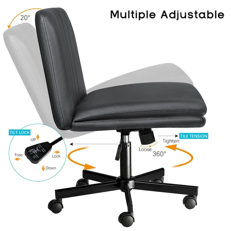 Criss Cross Chair with Wheels,PU Leather Armless Cross Legged Office chair, Adjustable Wide Seat Task Vanity Chair