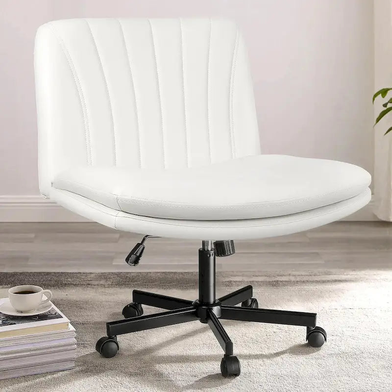 Criss Cross Chair with Wheels,PU Leather Armless Cross Legged Office chair, Adjustable Wide Seat Task Vanity Chair