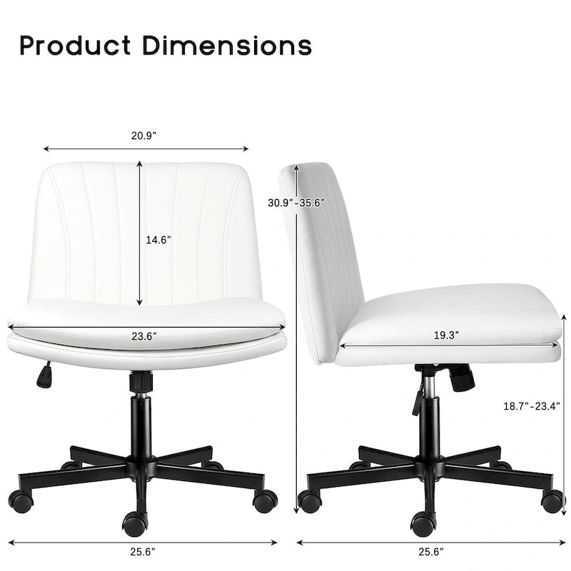 Criss Cross Chair with Wheels,PU Leather Armless Cross Legged Office chair, Adjustable Wide Seat Task Vanity Chair