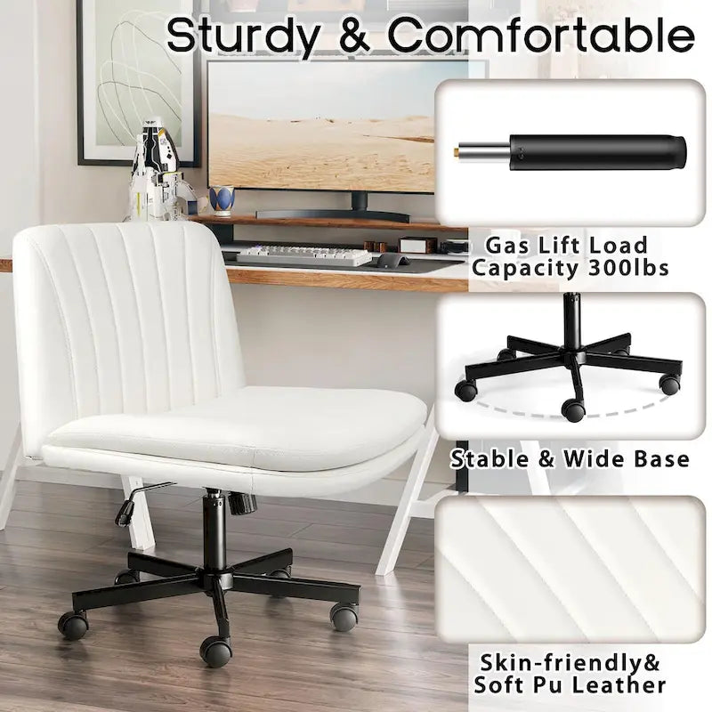 Criss Cross Chair with Wheels,PU Leather Armless Cross Legged Office chair, Adjustable Wide Seat Task Vanity Chair