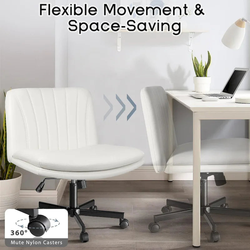 Criss Cross Chair with Wheels,PU Leather Armless Cross Legged Office chair, Adjustable Wide Seat Task Vanity Chair