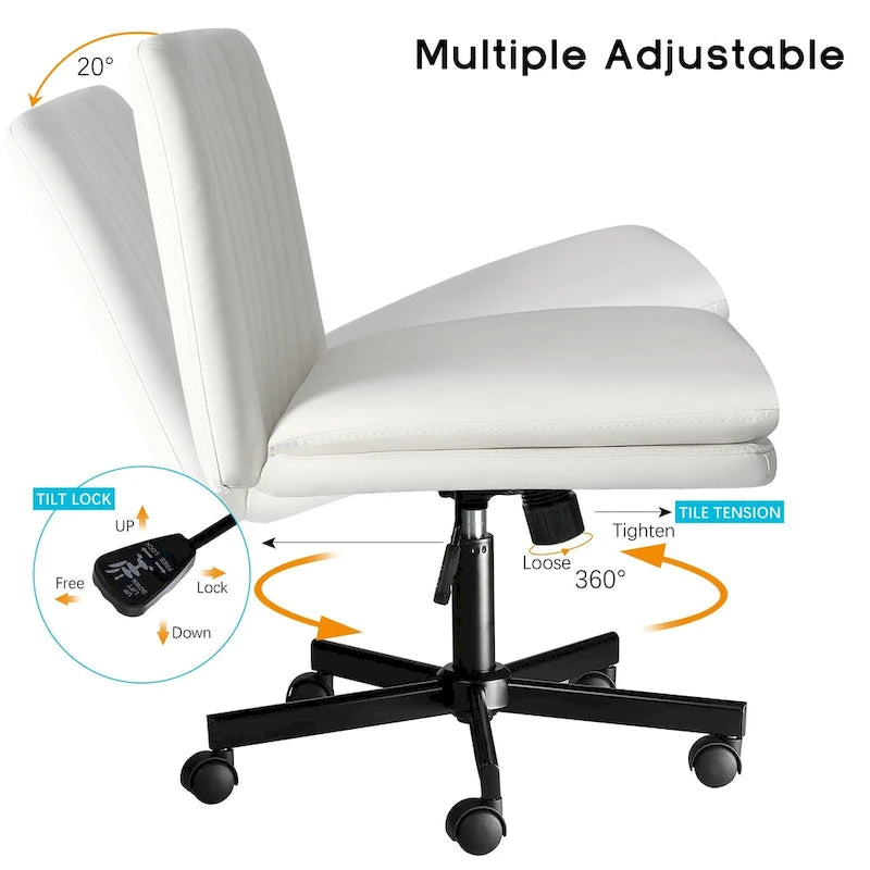 Criss Cross Chair with Wheels,PU Leather Armless Cross Legged Office chair, Adjustable Wide Seat Task Vanity Chair