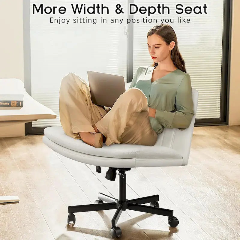Criss Cross Chair with Wheels,PU Leather Armless Cross Legged Office chair, Adjustable Wide Seat Task Vanity Chair